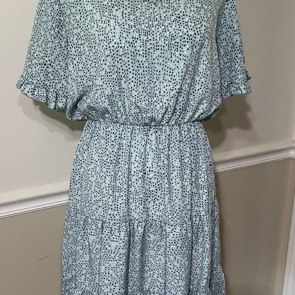 Hailey & Co Blue and White Dots, Pleated Ruched Midi Dress, Sz L - Picture 3 of 9